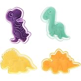 R&M Dinosaur Cookie Stamper, Baby Dinosaur Stamper, T-Rex, Stegosaurus, Triceratops, Brontosaurus, 2 Inch, 4 Piece Set, Assorted Colors