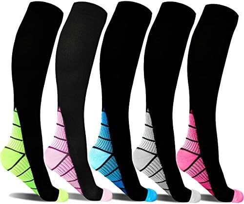 5 Pair Unisex Running Sports Compression Socks For Women &amp; Men, Best Medical Fit for Nursing, Shin splint, Travel, Hiking, Maternity &amp; Pregnancy, Fitness (20-30mmHg)