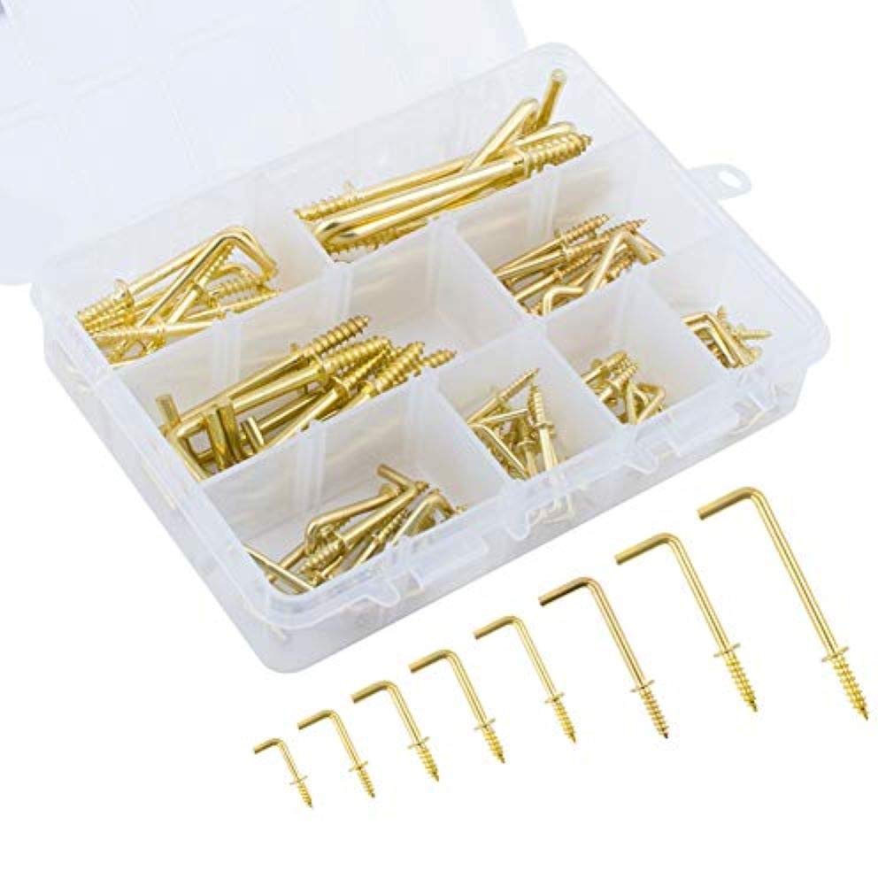 INCREWAY Screws Hook, 170 Pcs 8 Sizes Gold Brass Plated Metal Self-Tapping Screws Hook Square Bend Hook, L Hooks Right Angle Hook for Hanging Small Stuff