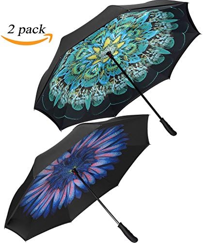2 Pack Reverse/Inverted Double-Layer Umbrella, Windproof Straight Self-Standing Umbrella, Inside-Out Folding for Car Rain Outdoor Use with Carrying Bag