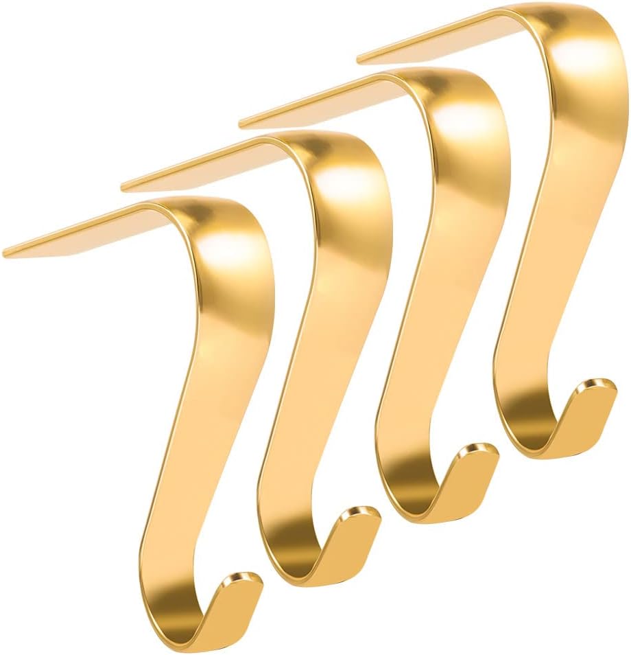 Ornament Hooks - Vindar 4 Pack Golden Christmas Stocking Hanger Holder Clips Hooks for Mantle Fireplace Christmas New Year Party Decorations