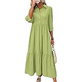chouyatou Women's Casual Button Up Polo Collar Shirt Dress 3/4 Sleeve Ruffle Tiered Maxi Long Dress