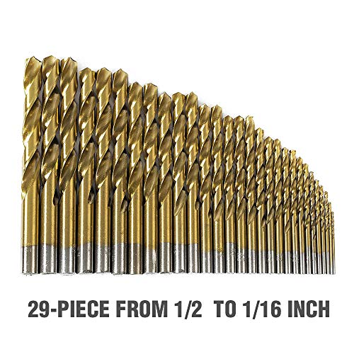 WORKPRO Drill Bit Set, 29-piece Titanium Twist Drill Bits Kit, 1/16-inch to 1/2-inch with Durable Metal Case