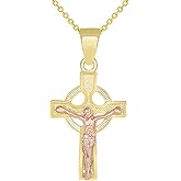 14k Yellow Gold and Rose Gold Celtic Cross Crucifix Pendant Necklace
