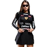 Moto Biker Printed Cyber Y2k White T-Shirts Techwear Skinny Long Sleeve Women Crop Tops Gothic Punk Fashion Streetwear