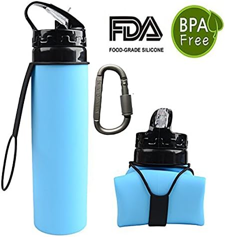 Collapsible Silicone Water Bottle,FDA-Approved Foldable Roll up,20 oz 600mL Folding Canteen for Camping,Hiking,Great for Cycling,Traveling, Beach,Outdoor Sport (Blue)