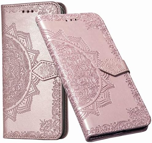 Laybomo for Oppo A5 (2020) / Oppo A9 (2020) Cover Flip PU Leather Wallet Soft Silicone TPU Slim Stand Magnet ID Card Slot Pocket Protective Holster Cover for Oppo A11x, Floral Embossing (Rose Gold)