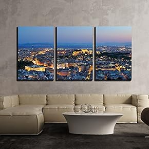 3 Piece Canvas Wall Art - View Over The Athens at Night, Greece - Modern Home Art Stretched and Framed Ready to Hang - 16"x24"x3 Panels