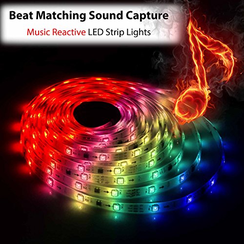 12V LED Strip Lights Sync To Beats of Music,Geekeep Music Reactive LED Light Strip 300 LED Lights SMD 5050 Waterproof Flexible RGB Strip Lights 360 Degrees Music Sensing Receiver (16.4ft/5M )