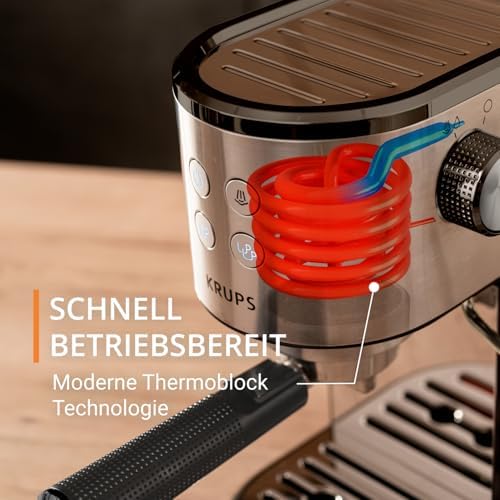 Virtuoso Essential Espresso-Siebträgermaschine, 15 bar, Edelstahl-Applikationen, schlankes Design, Bedienfeld mit 4 Funktionen, inkl. Barista-Zubehör, Edelstahl, XP441810
