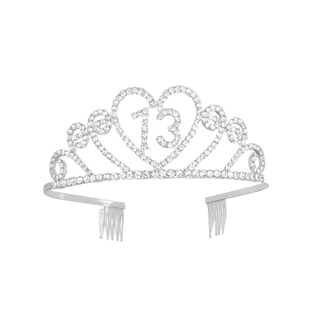 Minkissy 13th Birthday Rhinestone Crown with Comb, Crystal Rhinestone Birthday Tiara Alloy Number Headwear Crown with Comb for Birthday Party (Silver)