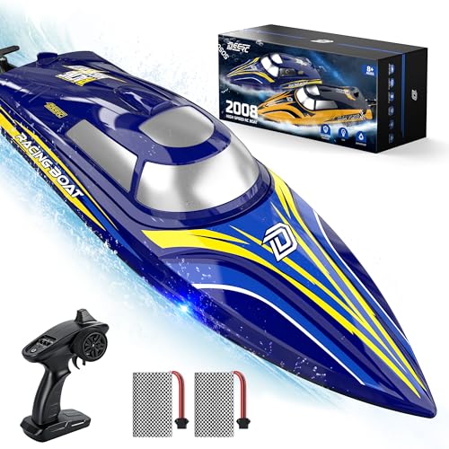 DEERC 14" Fast RC Boat for Kids & Adults, 32+ KPH Remote Control Speed Boat with 2x1200mAh Batteries, Auto Self-Righting Waterproof Toy for Lakes & Pools