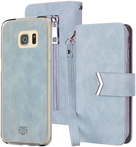 Majesticase Samsung Galaxy S7 Edge Wallet Case Premium Suede Leather Wristlet & Detachable Removable Magnetic Hybrid Protective Shell Cover & Back Zipper + Removable Strap - Pastel Blue