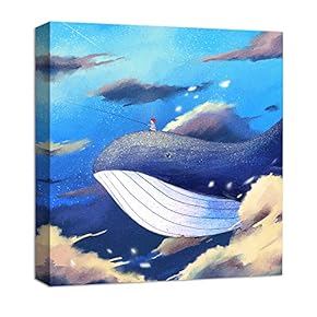 Canvas Wall Art A Boy Ridding Big Whale Fishing Painting Artwork for Home Decor Framed for Children - 12x12 inches