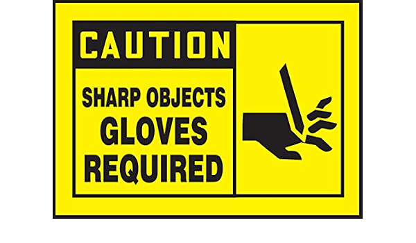 Accuform Signs Lppe621Vsp Safety Label, Legend "Caution Sharp Objects Gloves Required" With Graphic, 3.5" Length X 5" Width X 0.004" Thickness, Adhesive Vinyl, Black On Yellow (Pack Of 5) (846642089207)
