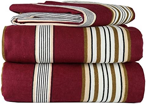 Piece 100% Soft Flannel Cotton Bed Sheet Set – Queen/King Size – Patterned Bedding Covers – 1 Flat Sheet, 1 Fitted Sheet, 2 Pillow Cases - Fade Resistant Designs, (Burgundy Stripe, Queen)