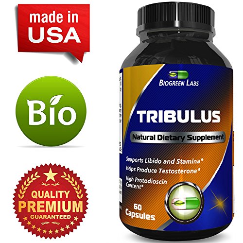 Tribulus Terrestris Supplement for Testosterone Support and Stamina improve energy muscle gain and fat loss All Natural and Pure 1300 mg Tribulus extract with 45% Saponins USA Made by Biogreen Labs