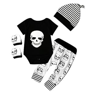puseky Neugeborene Baby Boy Kleidung Set Schädel Druck 2-Stücke Kurzarm Langarm Strampler Hose Hut Handschuhe 5Pcs…