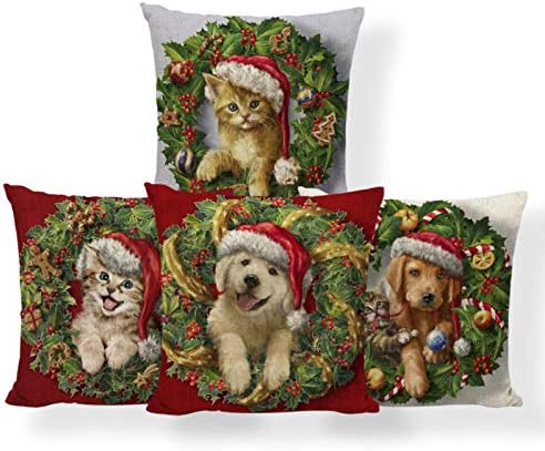 ZHAOCC Cushion Cover Pillowcase 4 Piece Set Linen Pillowcase Santa Dog Gingerbread Man Cushion Christmas Candy Cane Pillowcase Patchwork Nap Mat Throw Pillow 45X45Cm