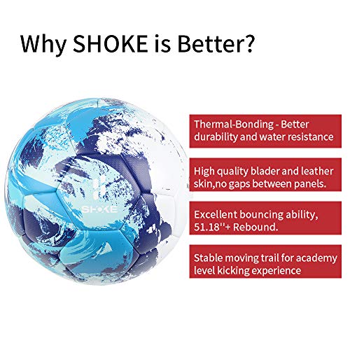SHOKE Soccer Ball Size 5 Thermal-Bonding Hold Air, Water-Resistant Match Soccer Balls for Training Sports Rebound Height 51.18-53.15 inch