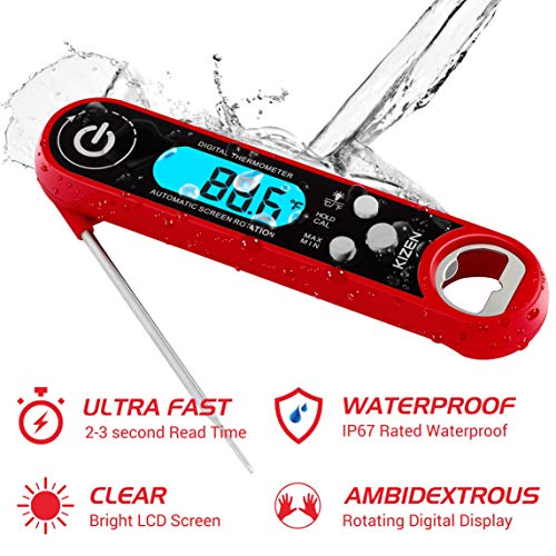Kizen IP100 Instant Read Meat Thermometer - Waterproof Ambidextrous Thermometer with Backlight & Calibration. Digital Food Thermometer for Kitchen, Outdoor Cooking, BBQ, and Grill! (Red)
