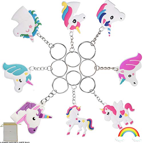 32 Pack Rainbow Unicorn Keychains Set for Girl & Boy - Key Ring Clip for Backpack Decor, Goody Bag Stuffed Toys for Students Christmas, Unicorn Party Supplies, Extra Mini Golden Gift Bag (8 Designs)