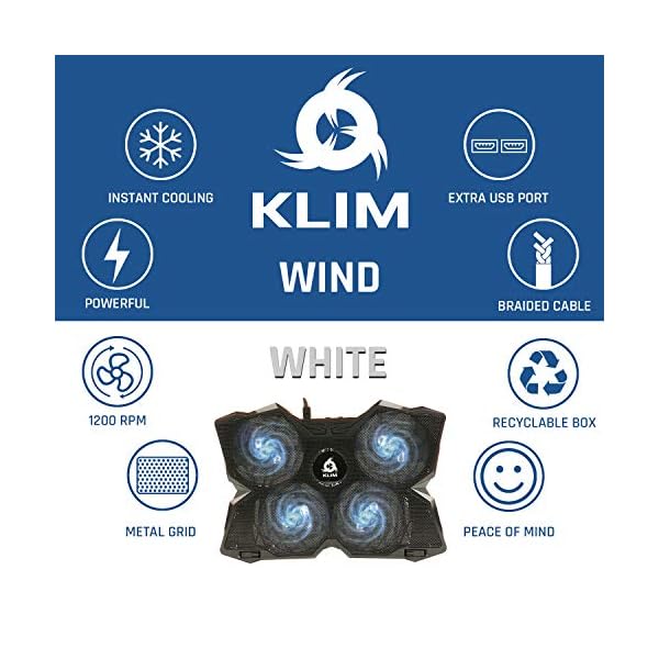 KLIM-Wind-Laptop-Cooling-Pad-The-Most-Powerful-Rapid-Action-Cooling-Fan-Laptop-Stand-with-4-Cooling-Fans-at-1200-RPM-USB-Fan-Compatible-New-2021-Version-White KLIM Wind Laptop Cooling Pad - More than 500 000 units sold - NEW 2023 - The Most Powerful Rapid Action Cooling Fan…
