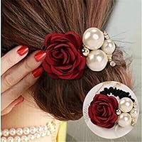 Guoshang Pearls Beads Rose Flower Hair Band Rope Scrunchie Ponytail Holder