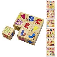 Muxihosn Wooden Alphabet Numbers and Mathematics Symbol Six in One Puzzle Early Educational Learning Cube Puzzle for Stacking and Assembling Games for Children 1 2 3 Years Old（9 Pieces）