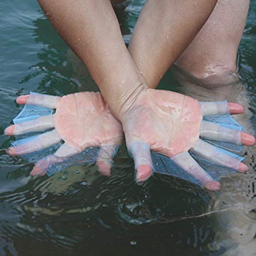 Bonlting Blue 1 Pair Swimming Fins Flippers HydraHand Frog Swim Gloves Silicone Hand Paddles Swim Palm Finger - Kids Men Women Training - L Size
