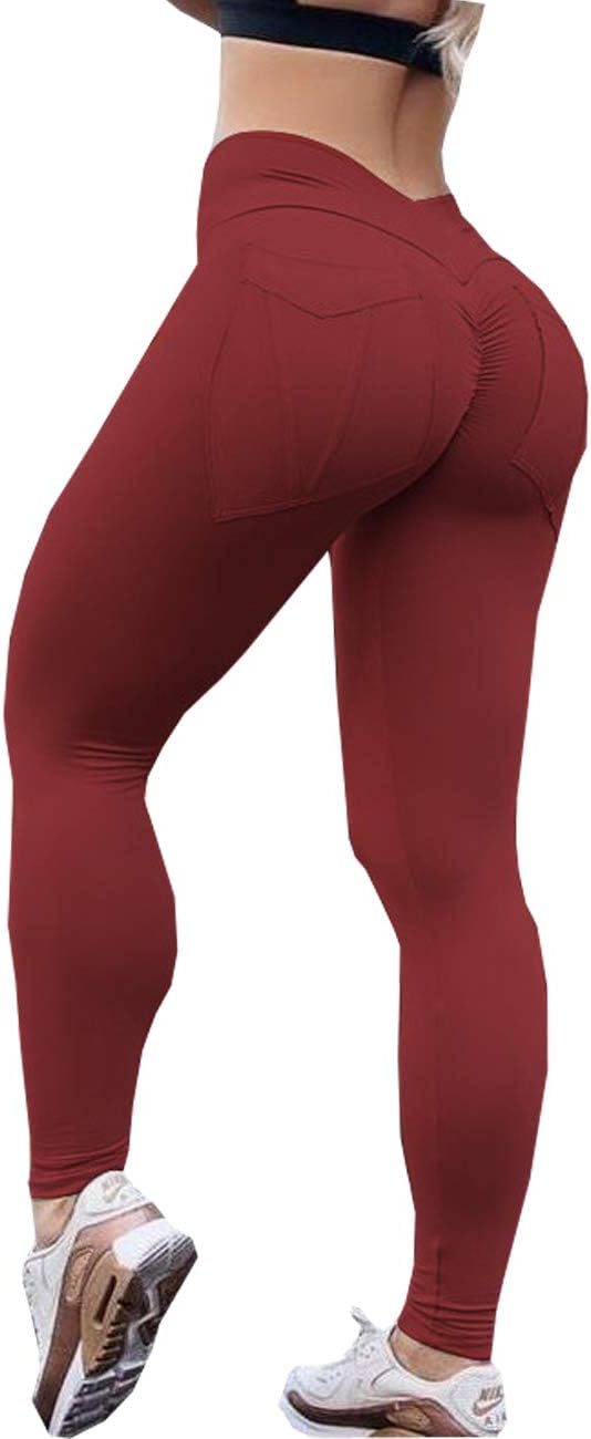 Yyicool Womens Sexy High Waist Pockets Pleated Fitness Slim Ruched Leggings Casual Push Up Hips Workout Jogger Skinny Yoga Pants (Wine, M)