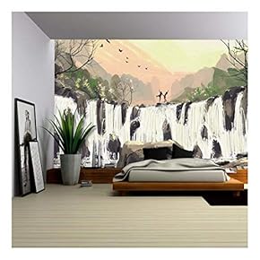 Digital Drawing Waterfall The Evening Atmosphere - Removable Wall Mural | Self-Adhesive Large Wallpaper - 66x96 inches