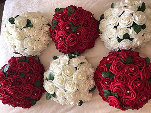 Lmeison Artificial Flower Rose, 50pcs Real Looking Artificial Roses w/Stem for Bridal Wedding Bouquets Centerpieces Baby Shower DIY Party Home Décor, Dark Red with 4 Leaves - Thumbnail 5