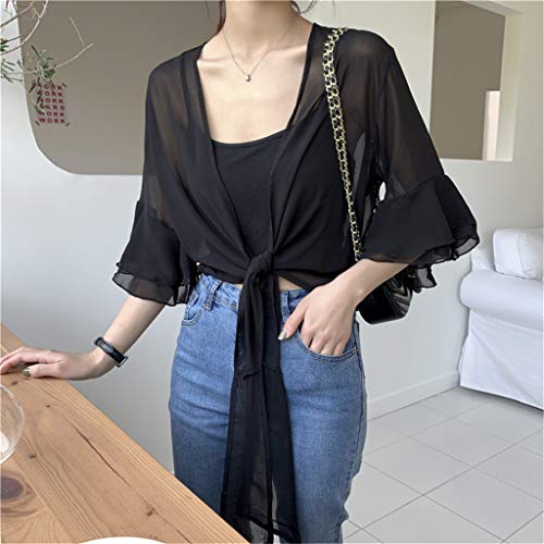 Women Short Ruffle Sleeve Sheer Bolero Tie Front Chiffon Cardigans for Dresses