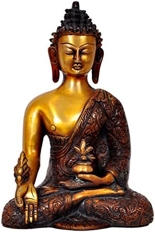 Aesthetic Decors Buddha Dragon W Medicine Pot in Nepali Orange Showpiece - 25.4 cm (Brass, Multicolor)