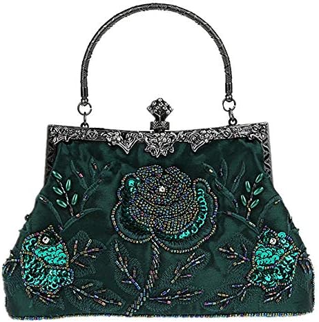 Women's Vintage Floral Beaded Clutch Exquisite Handmade Embroidery Wedding Party Prom Bag Fashion Beaded Sequin Crossbody Evening Handbag