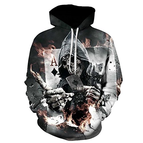 Skull Hoodie, Men Zombie Skeleton Hoody Unisex Realistic 3D Digital Print Bone Fire Pullover Hoodie Hooded Sweatshirt (XXL=US L)