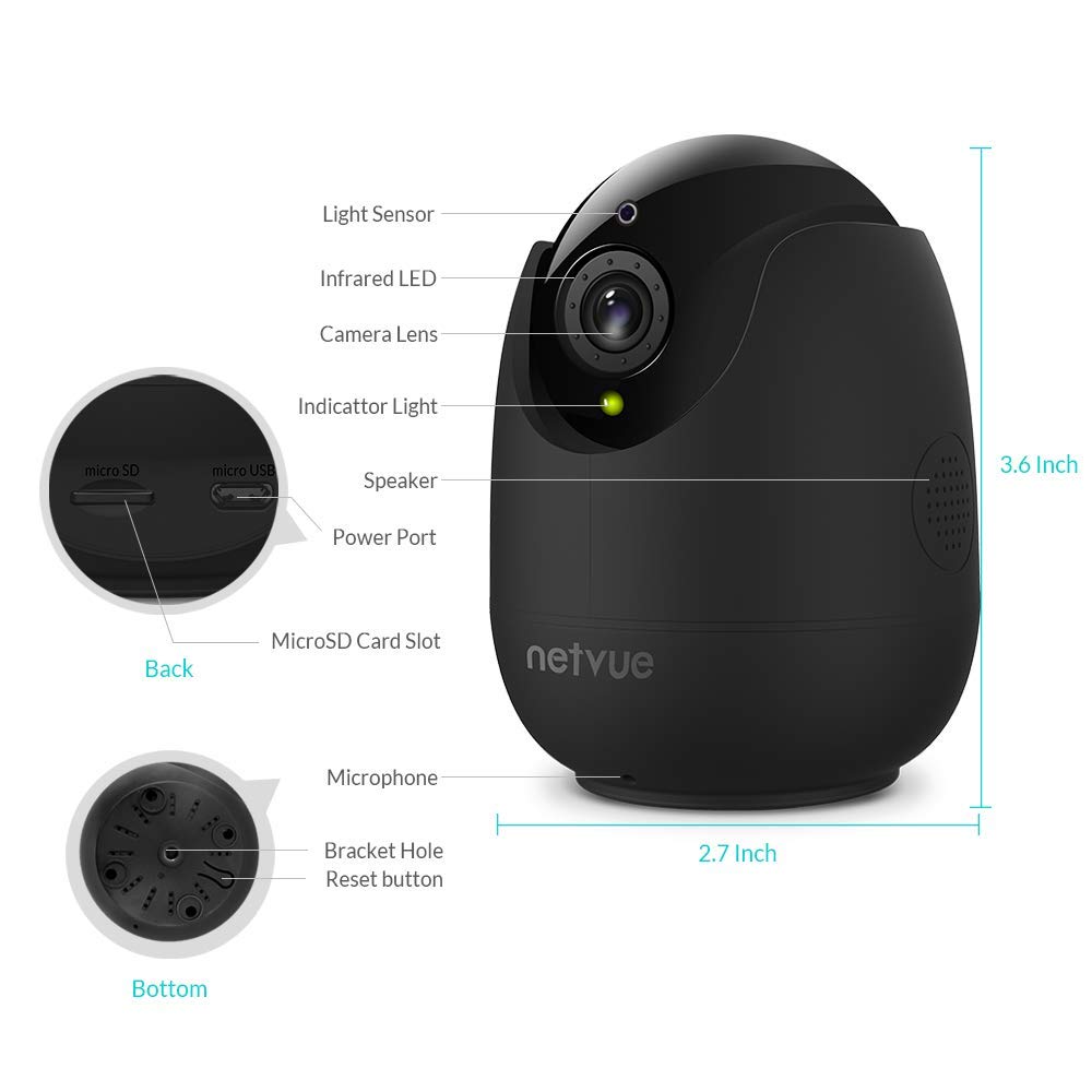 Netvue Camera Surveillance WiFi sans Fil PTZ 1080P Compatible avec Alexa Echo Show Caméra dôme IP avec Vision Nocturne Infrarouge pour bébé/Fumée/Pet/Nanny Monitor, Noir