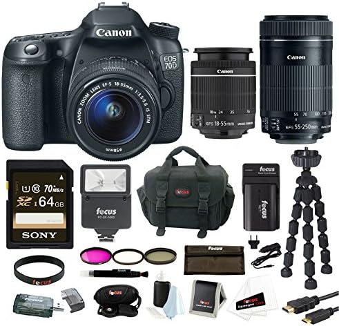 Canon EOS 70D SLR CMOS 20.2MP Digital Camera with EFS 18-55mm Lens + Canon EF-S 55-250mm f/4.0-5.6 IS II Telephoto Zoom Lens + 64GB SDXC Card + Digital Slave Flash + 3 Filter Set + Deluxe Accessory Bundle
