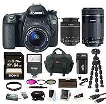 Canon EOS 70D SLR CMOS 20.2MP Digital Camera with EFS 18-55mm Lens + Canon EF-S 55-250mm f/4.0-5.6 IS II Telephoto Zoom Lens + 64GB SDXC Card + Digital Slave Flash + 3 Filter Set + Deluxe Accessory Bundle