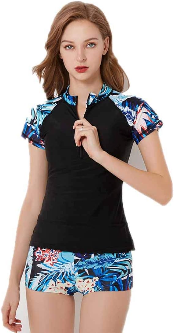 Amazon Ajun スポーツ水着 レディース 体型カバー ラッシュガード Uvカット 半そで タンキニ 水泳 海水浴 アウトドア スポーツ 温泉水着 半ズボン 着やせ やせた腰 サーフィン服 2点セット 二つの式 タンキニ 通販