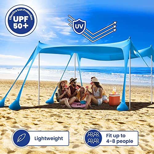 Dsocool Beach Tent Shade Canopy Portable Anti-Wind UPF50+ Protection, 8 Sandbags, 4 Stability Aluminum Poles, Foldable Outdoor Sun Tent for Sand, Camping, Fishing Essentials
