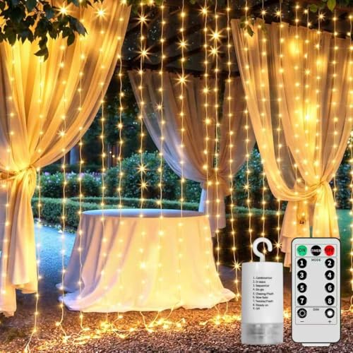 GCMacau 3 x 3 m 300 LED Christmas Light Curtain, String Lights 8 Modes Dimmable with Remote Control, Indoor Light Curtain, Garden, Christmas, Valentine's Day, Wedding, Christmas