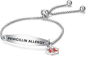 NARTGO Red Medical Alert ID Bracelet for Women Men Emergency First Aid Engraved Adjustable Stainless Steel Chain Bracelets