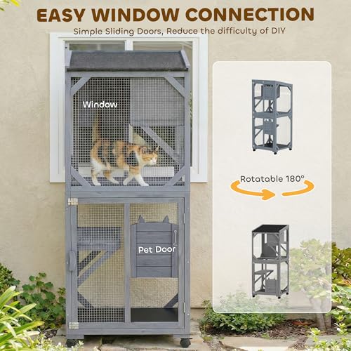 PawHut Catio Outdoor Cat Enclosure, Wooden Cat House on Exercise Wheels Indoor Outdoor, Kitty Cage with Resting Box, Waterproof Roof, for 2 Cats, 25.6" x 25.6" x 63", Dark Grey
