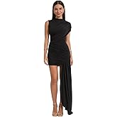 Caviotess Women's Sleeveless Ruched Maxi Dress Elegant Irregular Bodycon Long Dress Flowy Ribbon Cocktail Formal Dresses