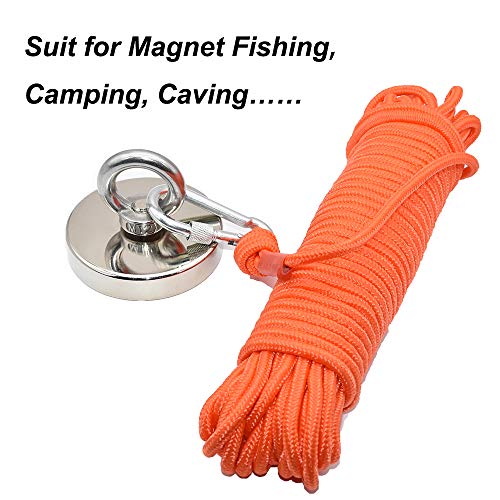 HomTop Magnet Fishing Rope with Carabiner - All Purpose Nylon High Strengte Cord Safety Rope - 65 Feet - Diameter 8mm - Approximately 1/3\