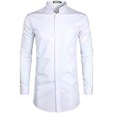 ZEROYAA Men's Hipster Longer Slim Fit Long Sleeve Banded Collar Shirt with Pocket