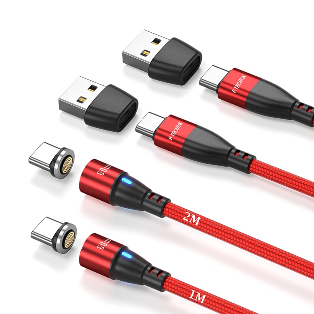 P-TECHUK 60W Super Fast USB C Magnetic Charging Data Cable, 6 in 1 PD Fast Charging Cable compatible with all Type C Devices. A18 Red (1M + 2M Cables, 2 x Type C Tips)