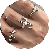 TUCEWP 3Pcs Y2k Rings for Women Star Moonstone Rhinestones Statement Rings Punk Grunge Goth Chunky Rings Cute Adjustable Open Ring Fashion Irregular Silver Stacking Thumb Ring Christmas Birthday Gift